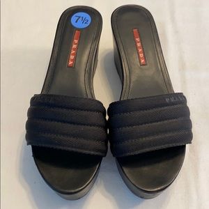 Prada Sz-7.5 black leather sport platform wedge